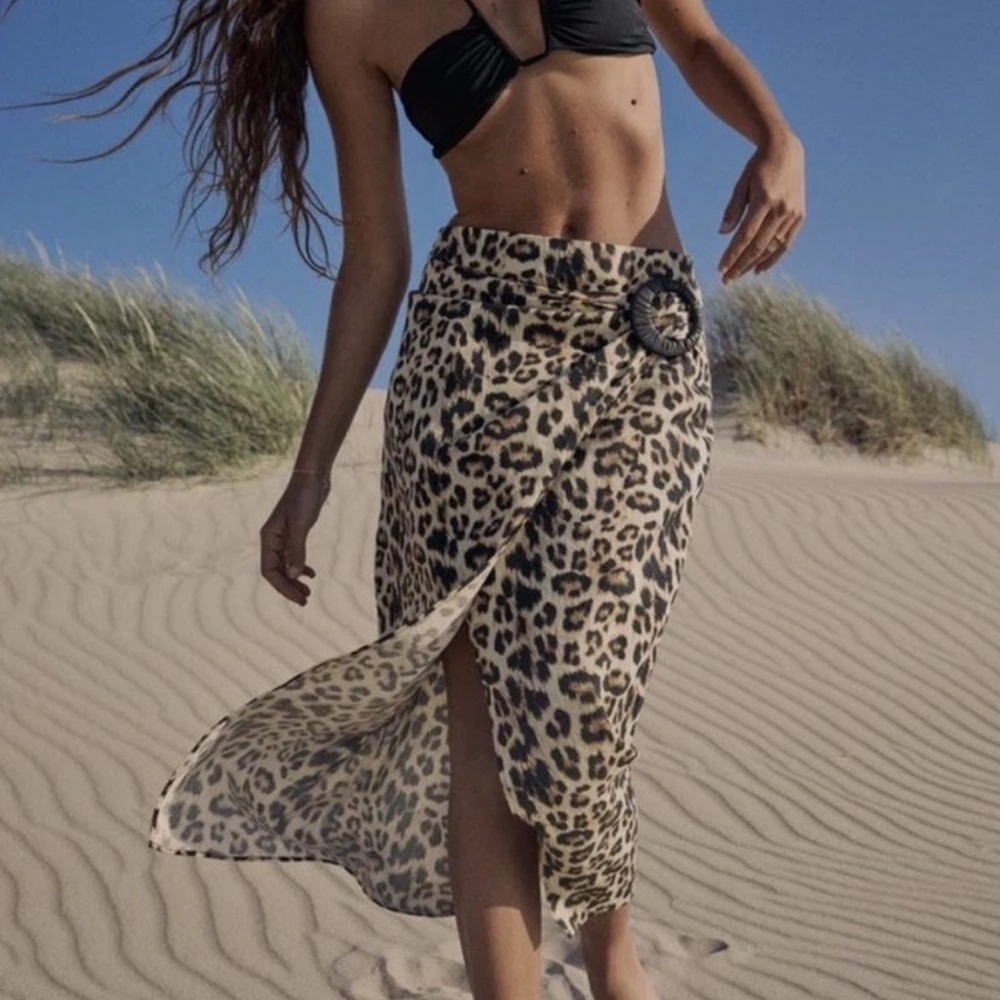 Zara Wrap Midi Skirt Leopard Print Linen Pareo Brown  Wonen L New 8099/403
